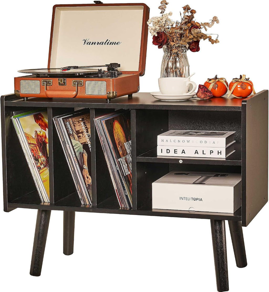 Record Player Stand with Vinyl Storage Holds Up to 300lb, Large Record Player Table Cabinet for Album Storage with Holder Vinyl Display Shelf, Wood Turntable Stand for Bedroom Living Room (Black)
