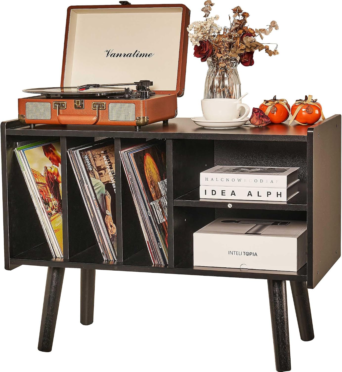 Record Player Stand with Vinyl Storage Holds Up to 300lb, Large Record Player Table Cabinet for Album Storage with Holder Vinyl Display Shelf, Wood Turntable Stand for Bedroom Living Room (Black)
