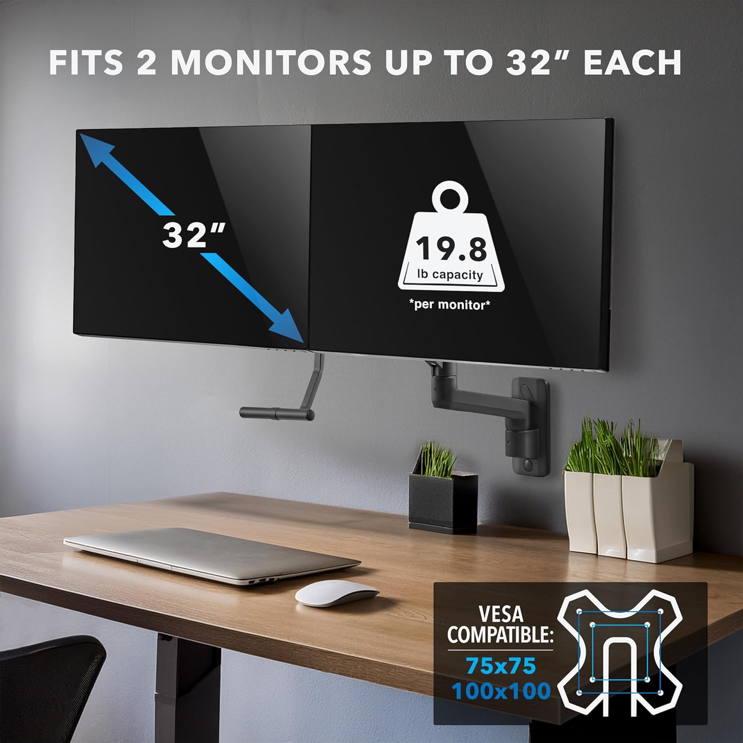 Mount-It! Proflex Dual Monitor Wall Mount, Gas Spring Arm with Crossbar, Fits 17–32″ Screens up to 19.8 lb Each, Height Adjustable Full Motion Tilt Swivel Rotate, VESA 75, 100 mm, Premium Setup