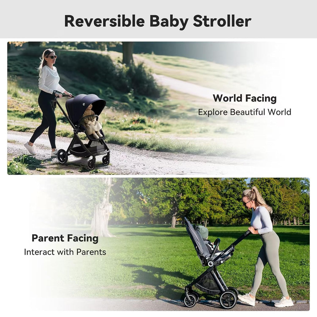 EMU Baby Stroller with Reversible Seat Full-Size Infant Stroller with Full Recline Cockpit Compact Foldable Toddler Carriage for Outdoor City - Black