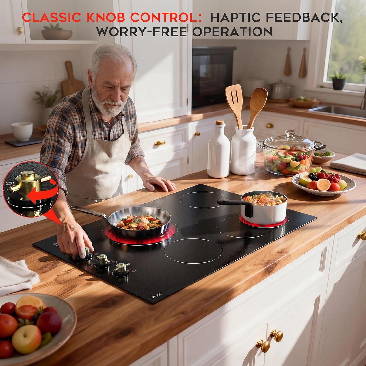 Electric Cooktop 30 Inch Hobsir, 4 Burner Electric Stove Top 6700W, Dual-Ring Burner & Oval Burner, 9 Power Level, 30 Inch Cook top with Safety Lock, Timer, Golden Knob