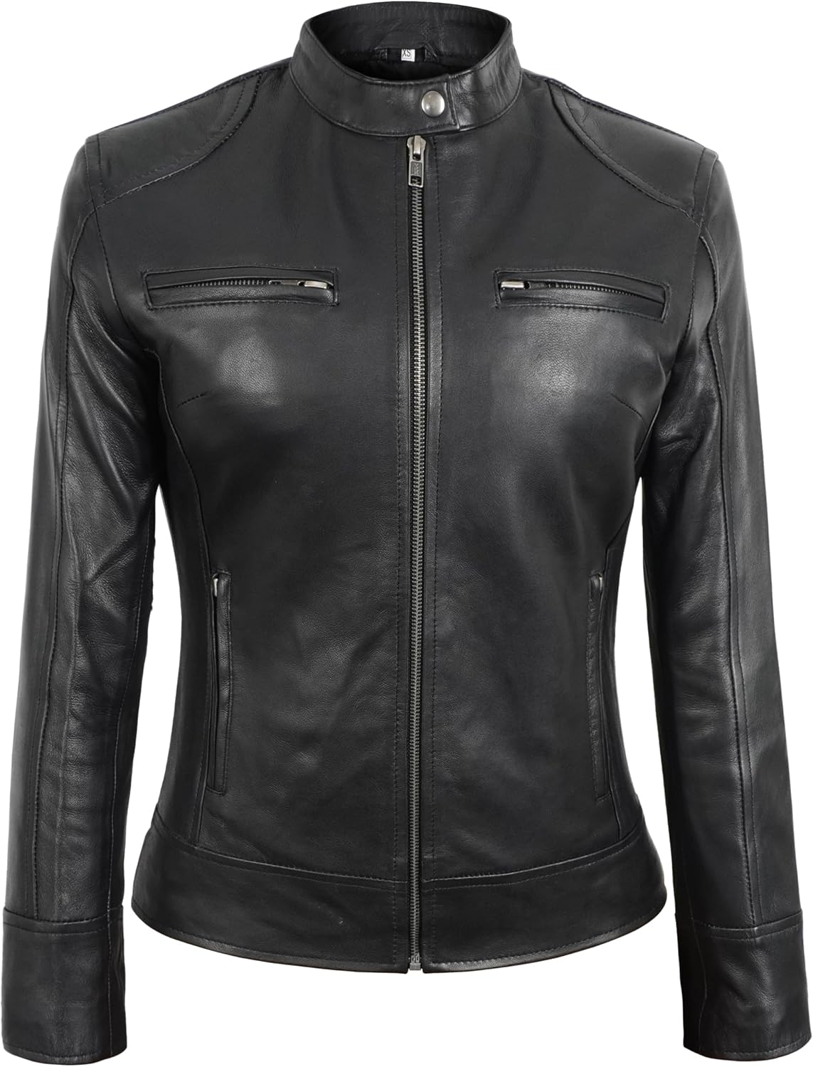 Women Lambskin Leather Biker Jacket - Ladies Black Real Leather Vintage Motorcycle Jacket for Woman