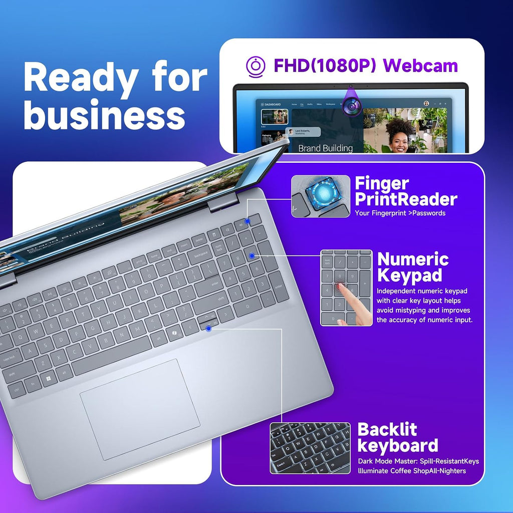 Dell 16-Inch Touchscreen Laptop Computer – Intel 10-Core 7 150U, 32GB DDR5 RAM, 1TB SSD, 16' FHD+ Anti-Glare, Ai Copilot, Fingerprint, Backlit KB, Win 11 Pro, for Business & Student