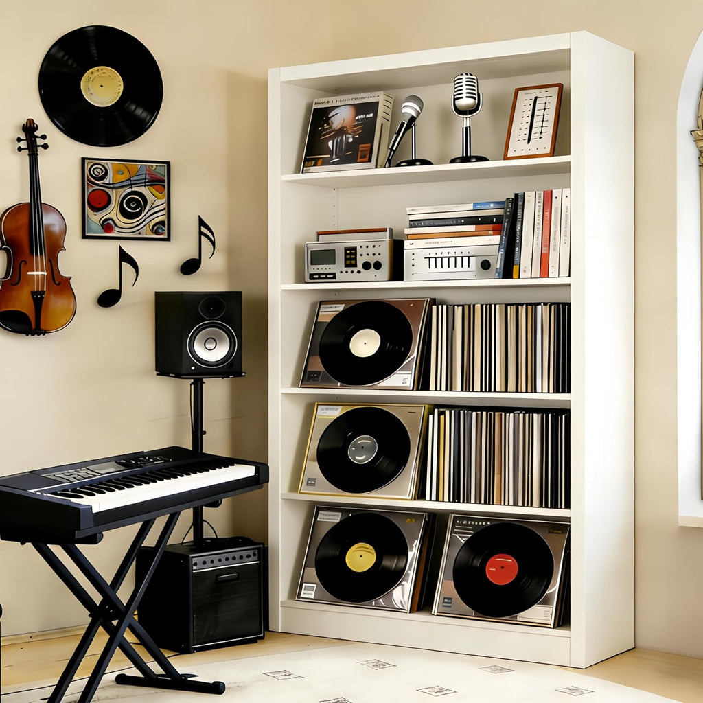 Large Vinyl Record Storage Cabinet, Heavy-Duty Metal Record Player Stand with Adjustable Shelves, 66' H Media Shelf Organizer for LP Albums, Turntable & Audio Equipment, White