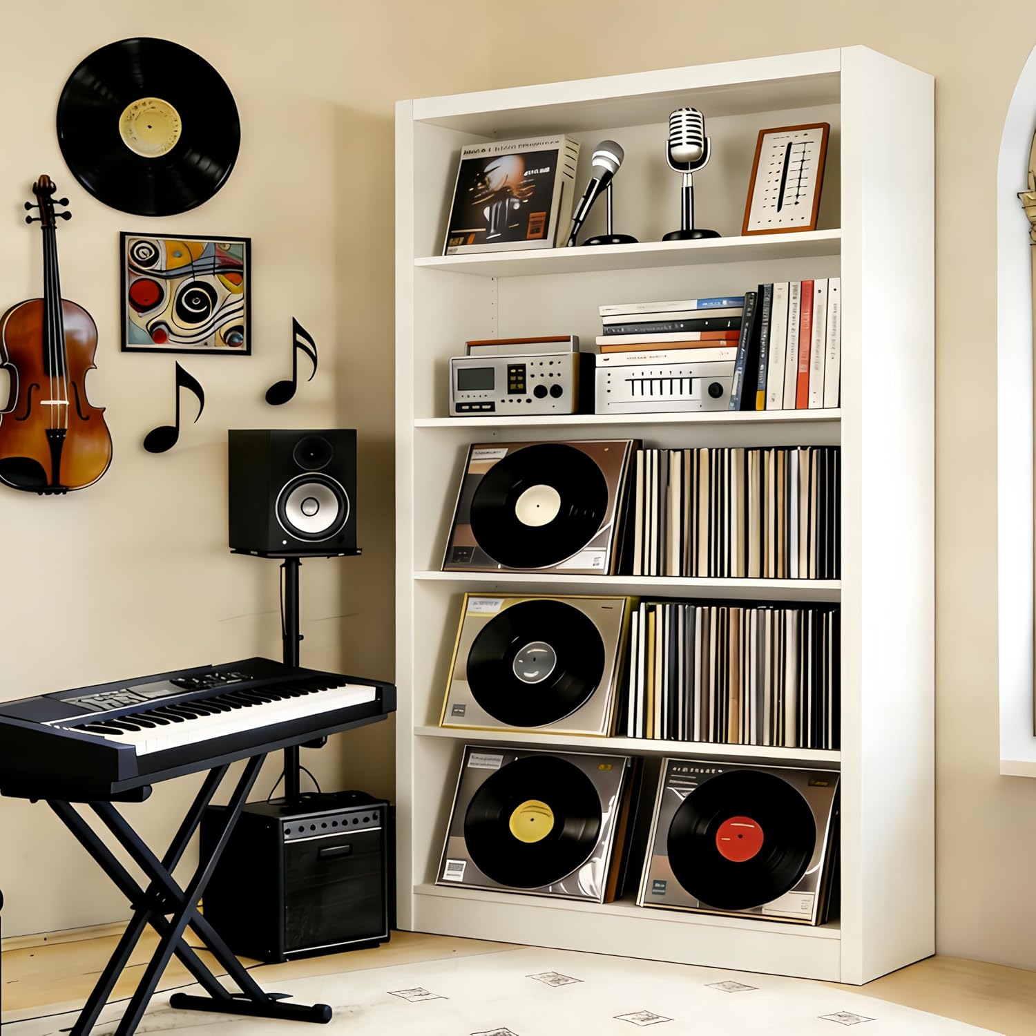 Large Vinyl Record Storage Cabinet, Heavy-Duty Metal Record Player Stand with Adjustable Shelves, 66' H Media Shelf Organizer for LP Albums, Turntable & Audio Equipment, White