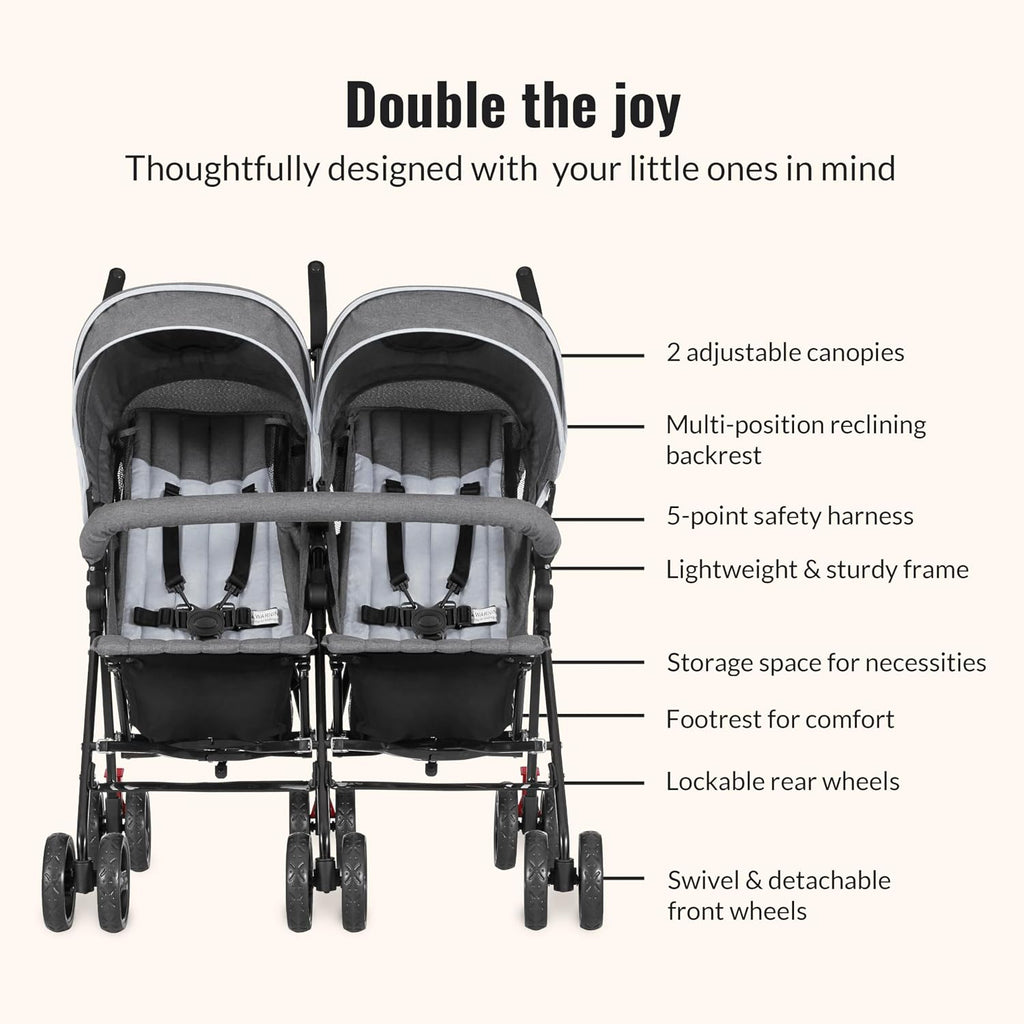 Dream On Me Volgo Twin Baby Stroller, Lightweight Side-by-Side Double Umbrella Stroller with Adjustable Canopy, 5-Point Harness, Storage Basket & Travel-Friendly Fold – Dark and Light Grey