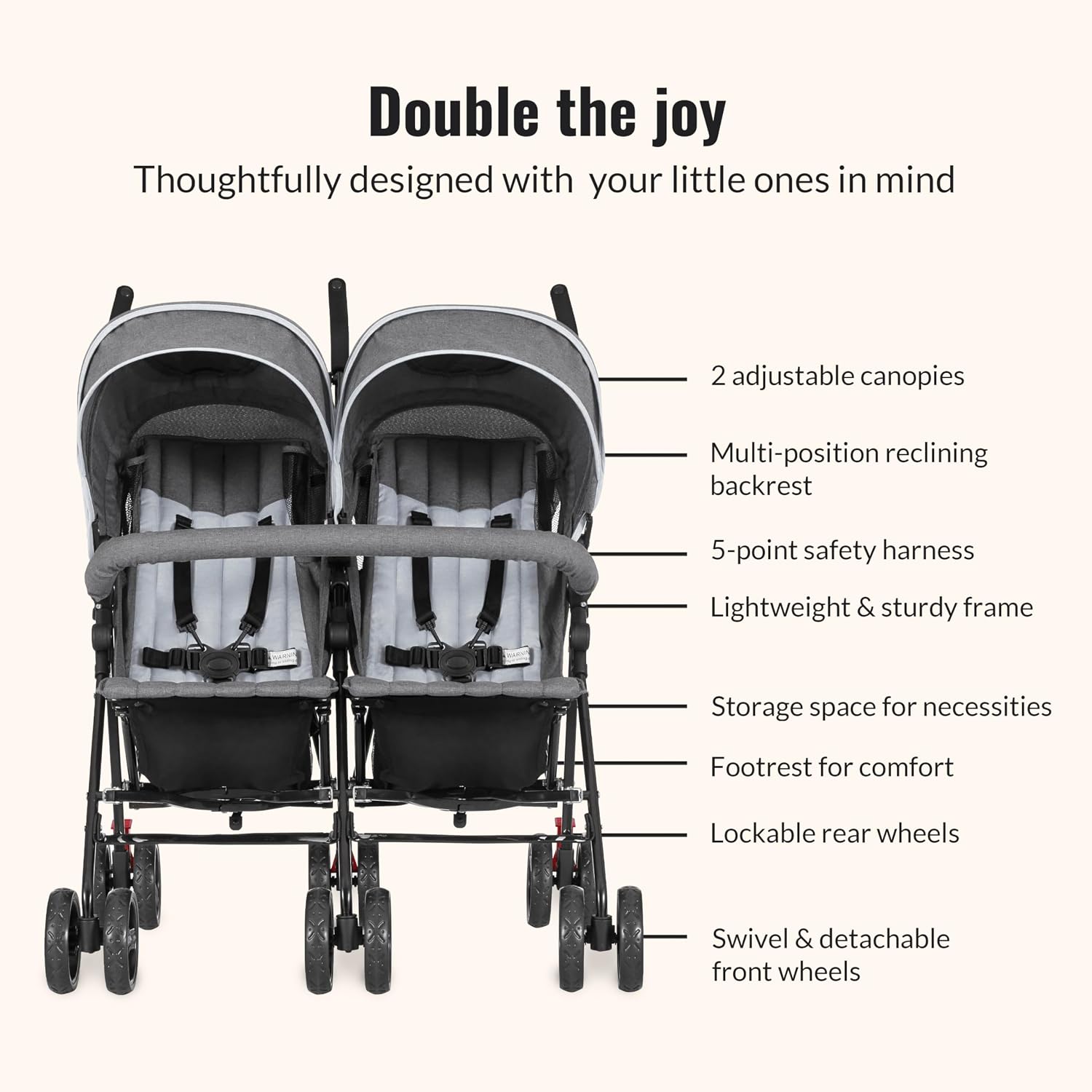 Dream On Me Volgo Twin Baby Stroller, Lightweight Side-by-Side Double Umbrella Stroller with Adjustable Canopy, 5-Point Harness, Storage Basket & Travel-Friendly Fold – Dark and Light Grey