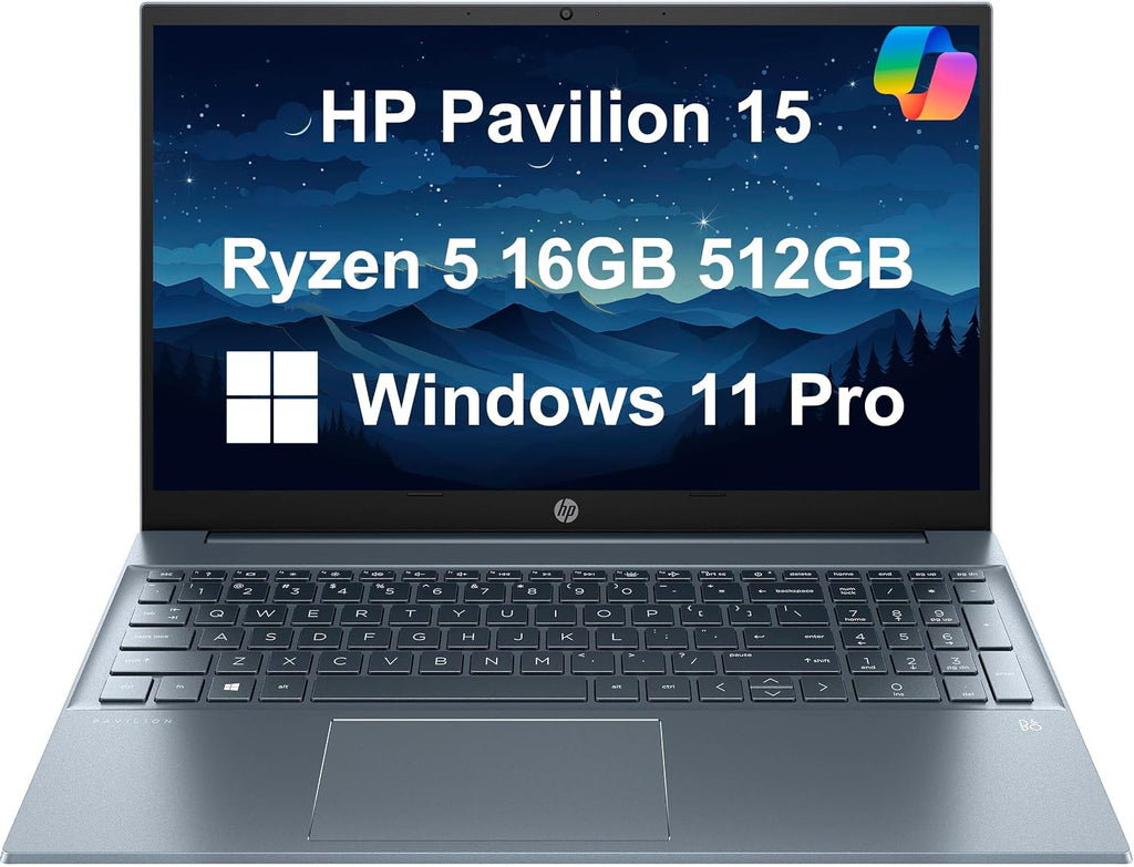 HP Pavilion 15 Laptop (15.6' FHD IPS, AMD Ryzen 5 5500U (Beats i7-1165G7), 16GB RAM, 512GB SSD) for Home & Business, Narrow-Bezel, BO Audio, Numeric Keypad, Webcam, Wi-Fi 6, Win 11 Pro, Blue