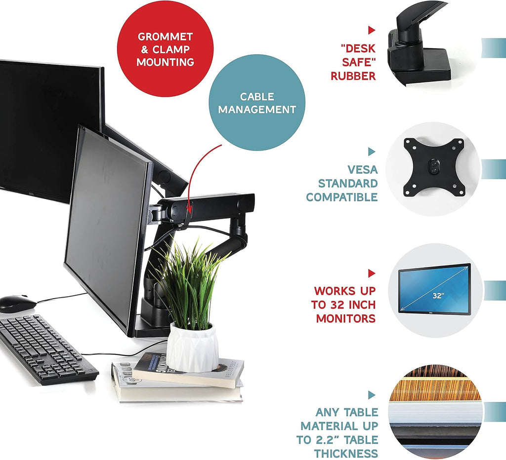 Dual Monitor Arm Stand for 35 Inch Screens - Full Adjustable VESA Mount for 2 Monitors, Heavy Duty Dual Monitor Desk Mount Compatible with C Clamp, Grommet Mounting Base, Holds 26.4lbs per Arm, Black
