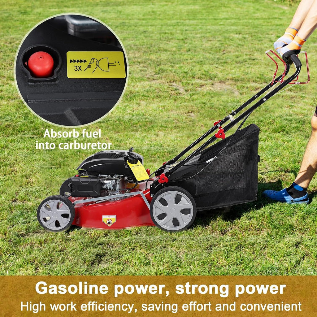 Gas-Powered Self-Propelled Lawn Mower, 141cc Gas Engine with Air Cooling, 21' Steel Deck, 3-in-1 Cutting System, 6-Level Height Adjustment, 1.4-Bushel Grass Catcher Red