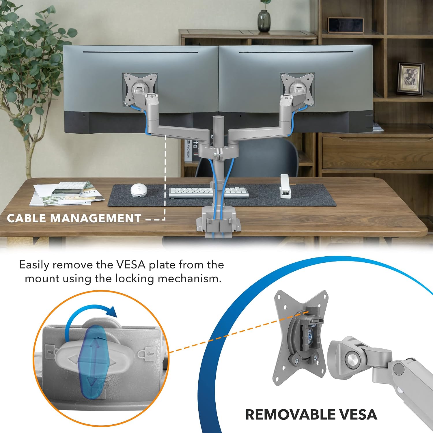 Mount-It! Dual Monitor Mount - Monitor Stands for 2 Monitors, Computer Arms on Desk Stand, Gas Spring Height Adjustable Desk Mount in Silver, VESA 75, 100 Fits Screens Up to 32', Silver Color