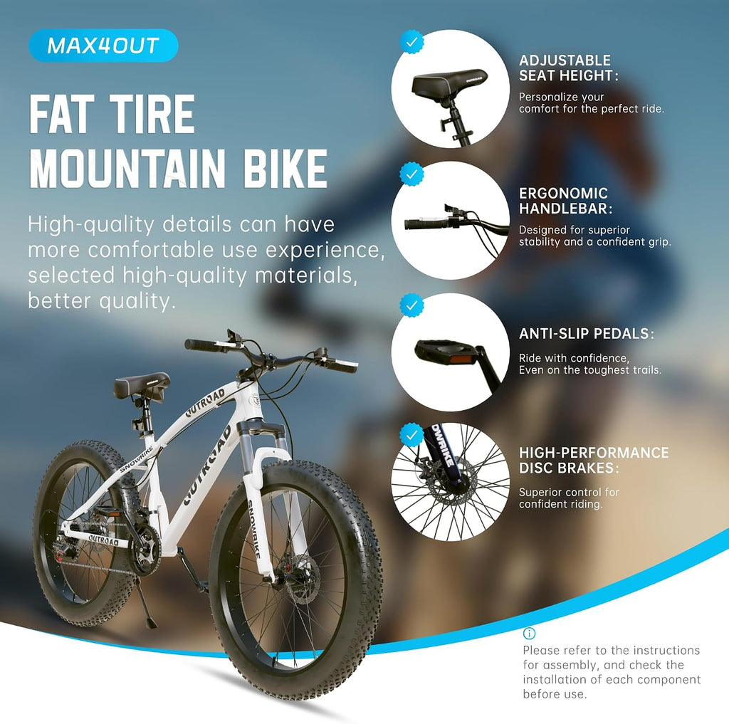 26' Fat Tire Mountain Bike with 4 inch Knobby Tires, 21 Speed MTB with Dual Disc Brake for Adults, Anti-Slip Bicycle, Black, White, Blue&Purple