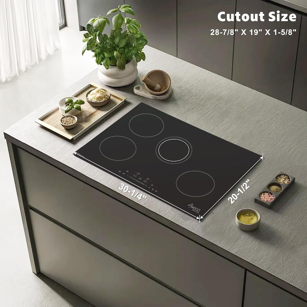 Awoco 30-Inch Ceramic Cooktop, 6600W Electric Stove with 4 Burners with hard wire, 9 Power Levels Digital Timer Child Lock, Residual Heat Indicator, Automatic Shut-Off Easy Clean Touch Panel, 220-240V