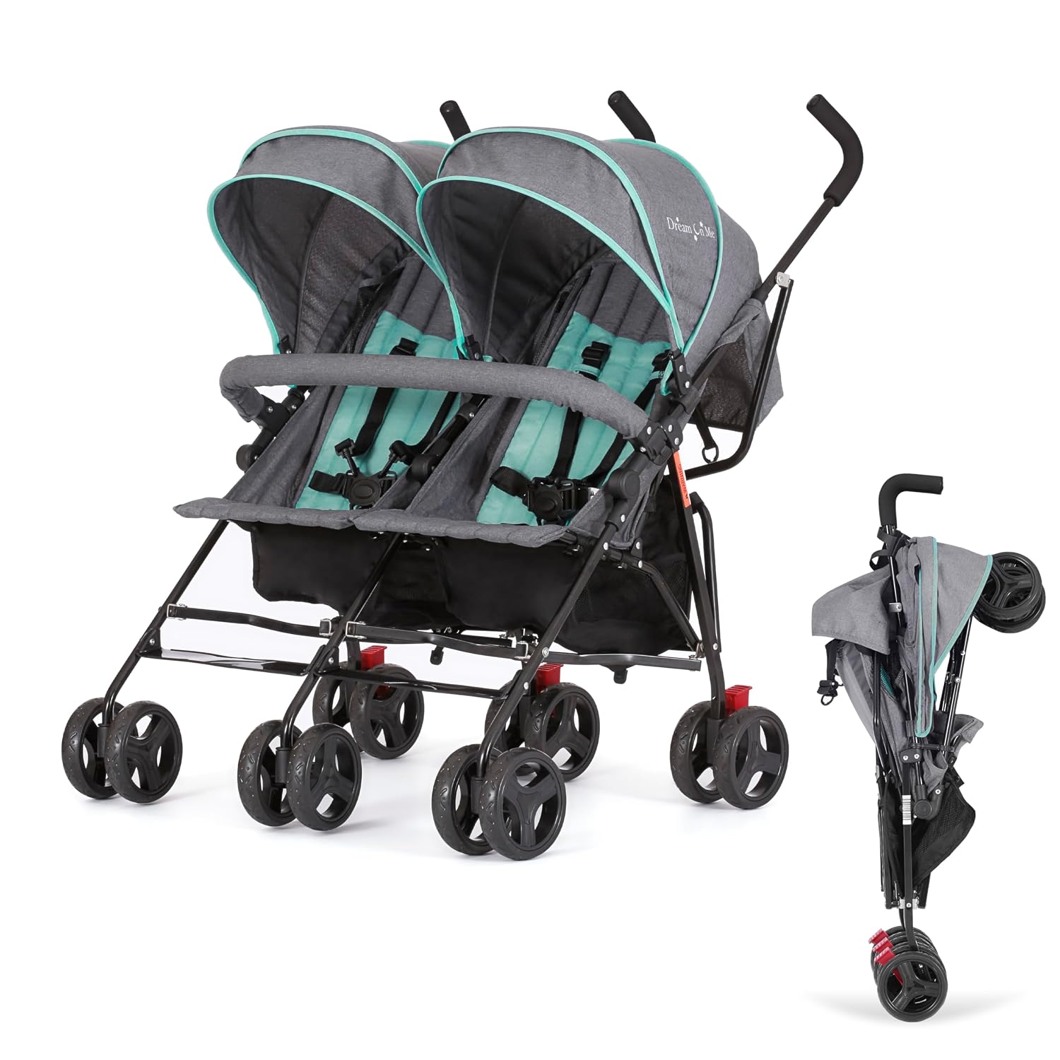 Dream On Me Volgo Twin Baby Stroller, Lightweight Side-by-Side Double Umbrella Stroller with Adjustable Canopy, 5-Point Harness, Storage Basket & Travel-Friendly Fold – Mint