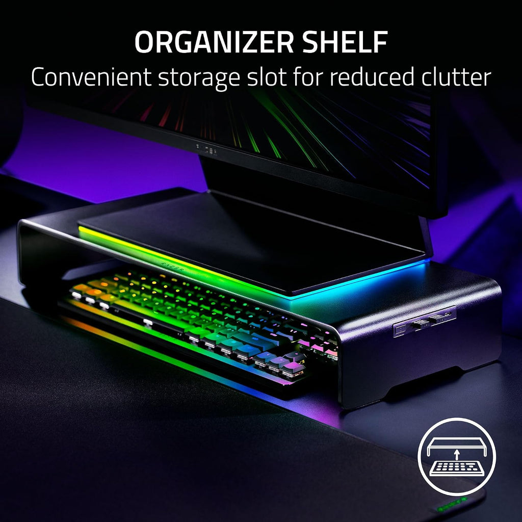 Razer Monitor Stand Chroma: 4 Port Hub - USB A 3.2, USB C 3.2, HDMI 2.0 - Ergonomic Height - Durable Aluminum Supports Up to 44 lbs - Organize Storage Shelf - Remappable RGB Buttons - Chroma RGB