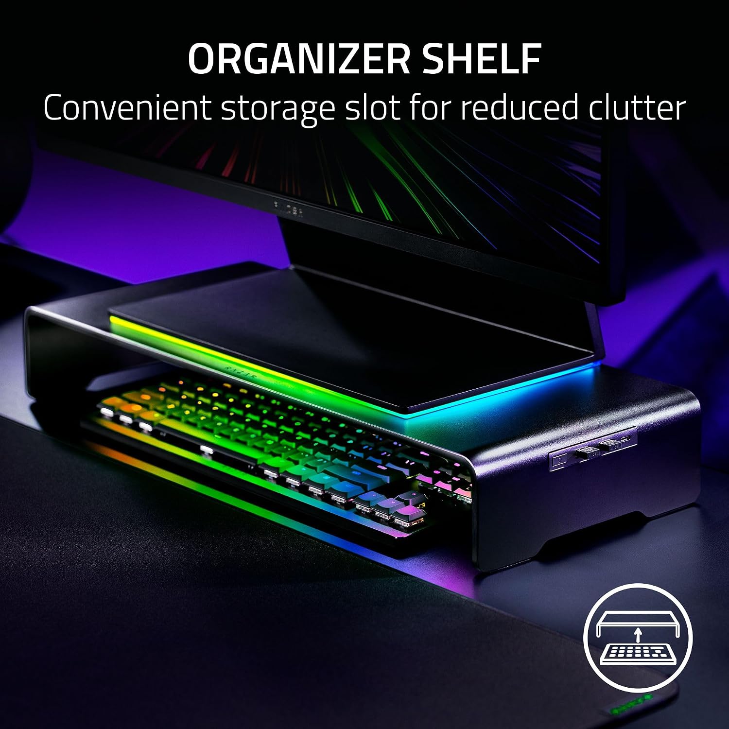 Razer Monitor Stand Chroma: 4 Port Hub - USB A 3.2, USB C 3.2, HDMI 2.0 - Ergonomic Height - Durable Aluminum Supports Up to 44 lbs - Organize Storage Shelf - Remappable RGB Buttons - Chroma RGB