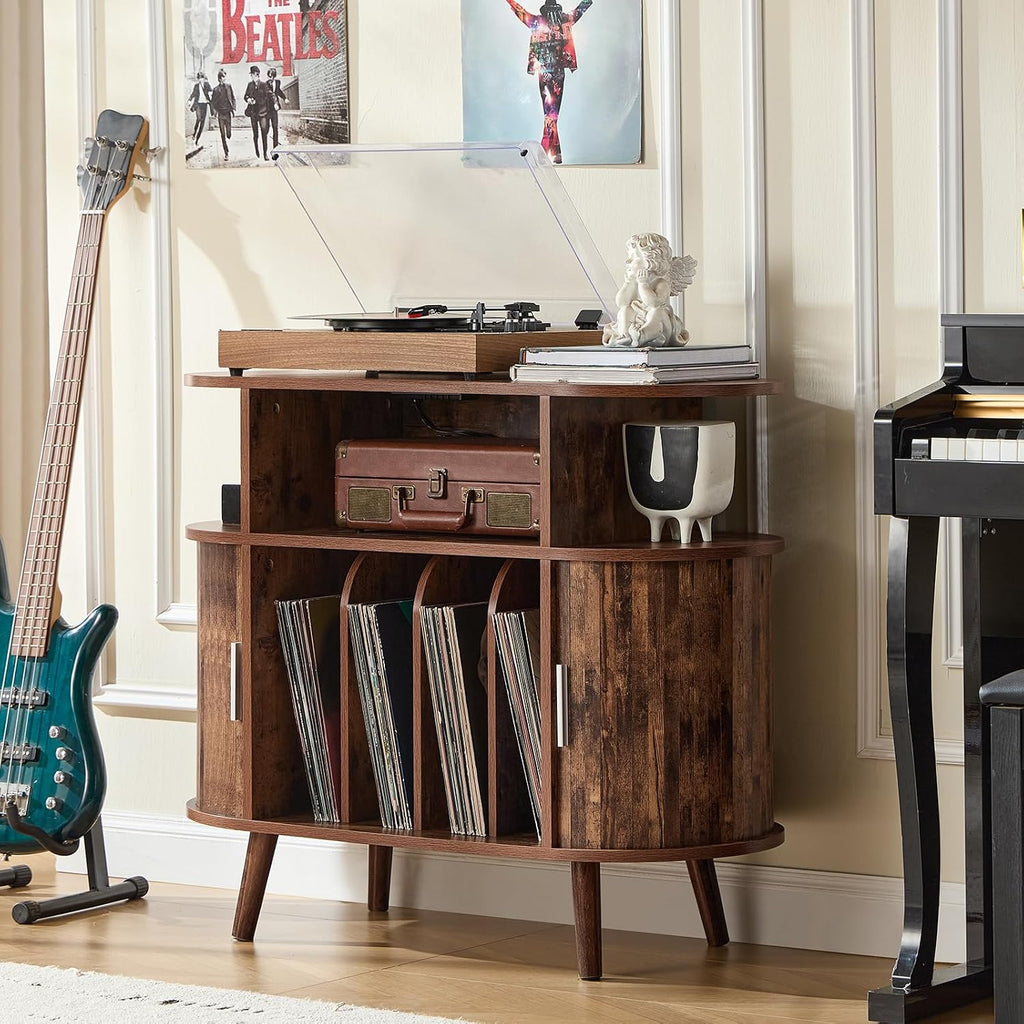 LELELINKY Small Round Record Player Stand with Charging Station & Fluted Panel, Brown Mid Century Modern Turntable Cabinet with Vinyl Storage, Arched Wood Record Player Table for Living Room