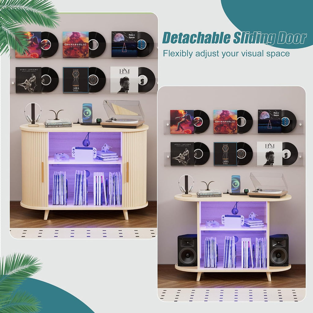 Large Record Player Stand with LED Lights, Vinyl Record Storage with Charging Station & USB Ports, Record Player Cabinet for Living Room(Natural, 55in) (Natural, 39in)