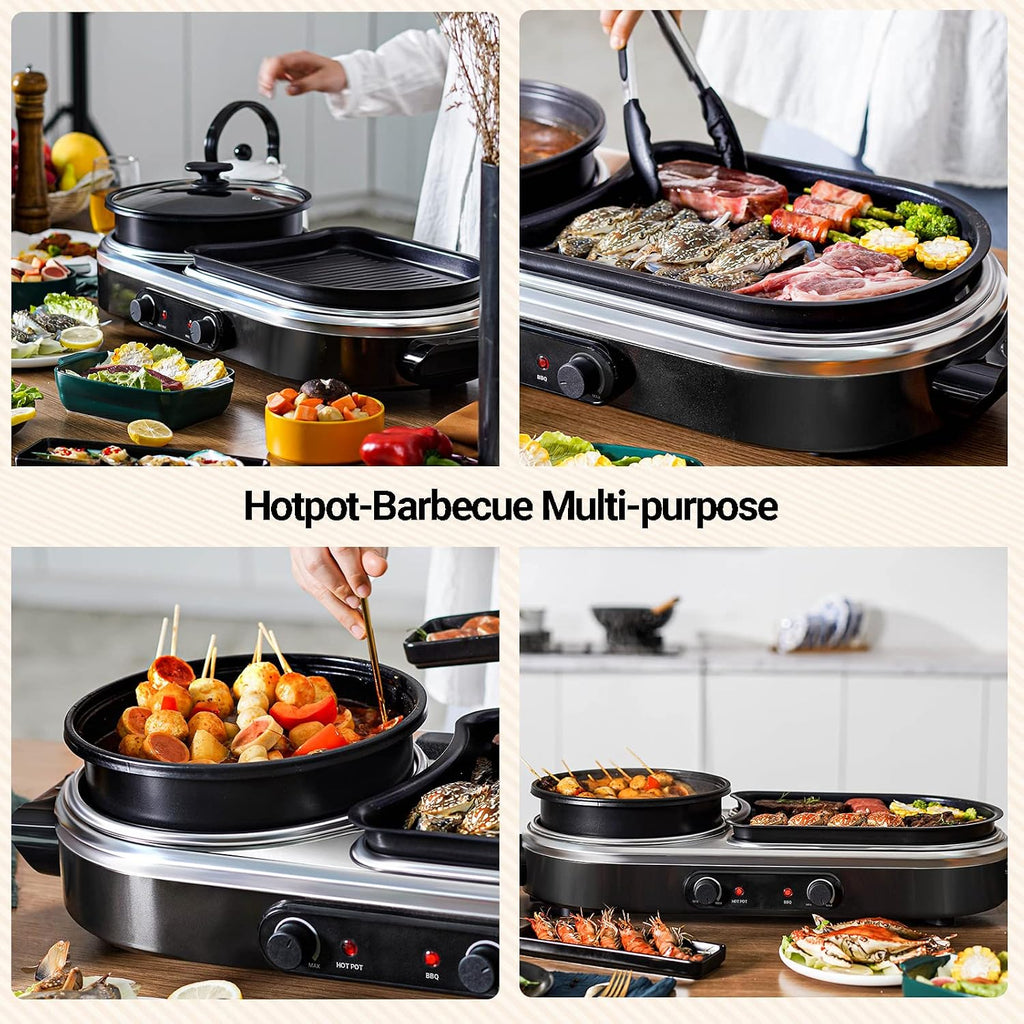 Electric Hot Pot Grill Removable 2 in 1 Shabu-shabu Pot Korean BBQ Grill Large Baking Tray Divider Hotpot, Smokeless Non-Stick Cooker Pan, Temperature Control, 2-10 People