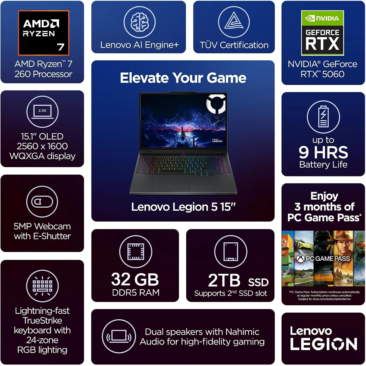 Lenovo Legion 5 15AHP10 Gaming Laptop,15.1 OLED WQXGA(2560 x 1600) 165Hz, AMD Ryzen 7 260, NVIDIA RTX 5060, 32GB DDR5 RAM 2TB SSD, Wi-Fi7, Backlit KB, Win11, Eclipse Black, 2TB Flash Drive, W/GaLiMu