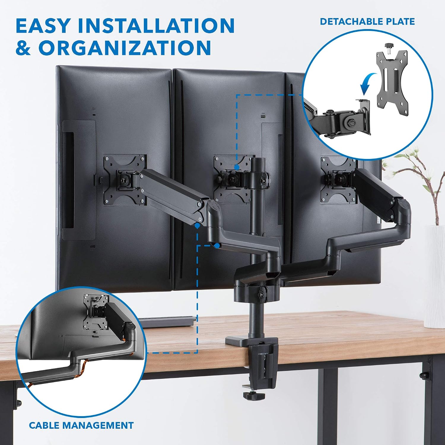 Mount-It! Triple Monitor Desk Mount with Full Motion Arms, 3 Monitor Riser with Gas Spring Arms for 27' Max Computer Screens, Sturdy Dual Clamp Base, Black
