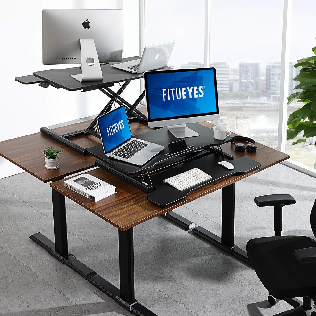 FITUEYES Height Adjustable Standing Desk 32' Wide Sit to Stand Converter Stand Up Desk Tabletop Workstation for Dual Monitor Riser FSD308001WB