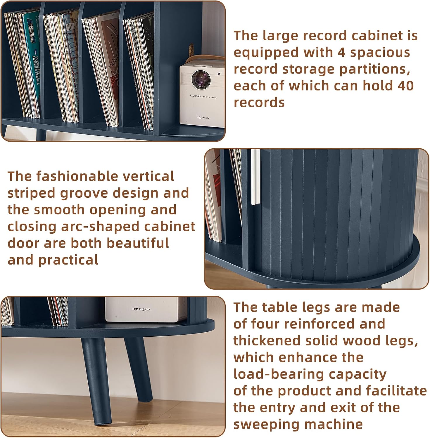 LELELINKY Small Round Record Player Stand with Charging Station & Fluted Panel,Navy Blue Mid Century Modern Turntable Cabinet with Vinyl Storage, Arched Wood Record Player Table for Living Room