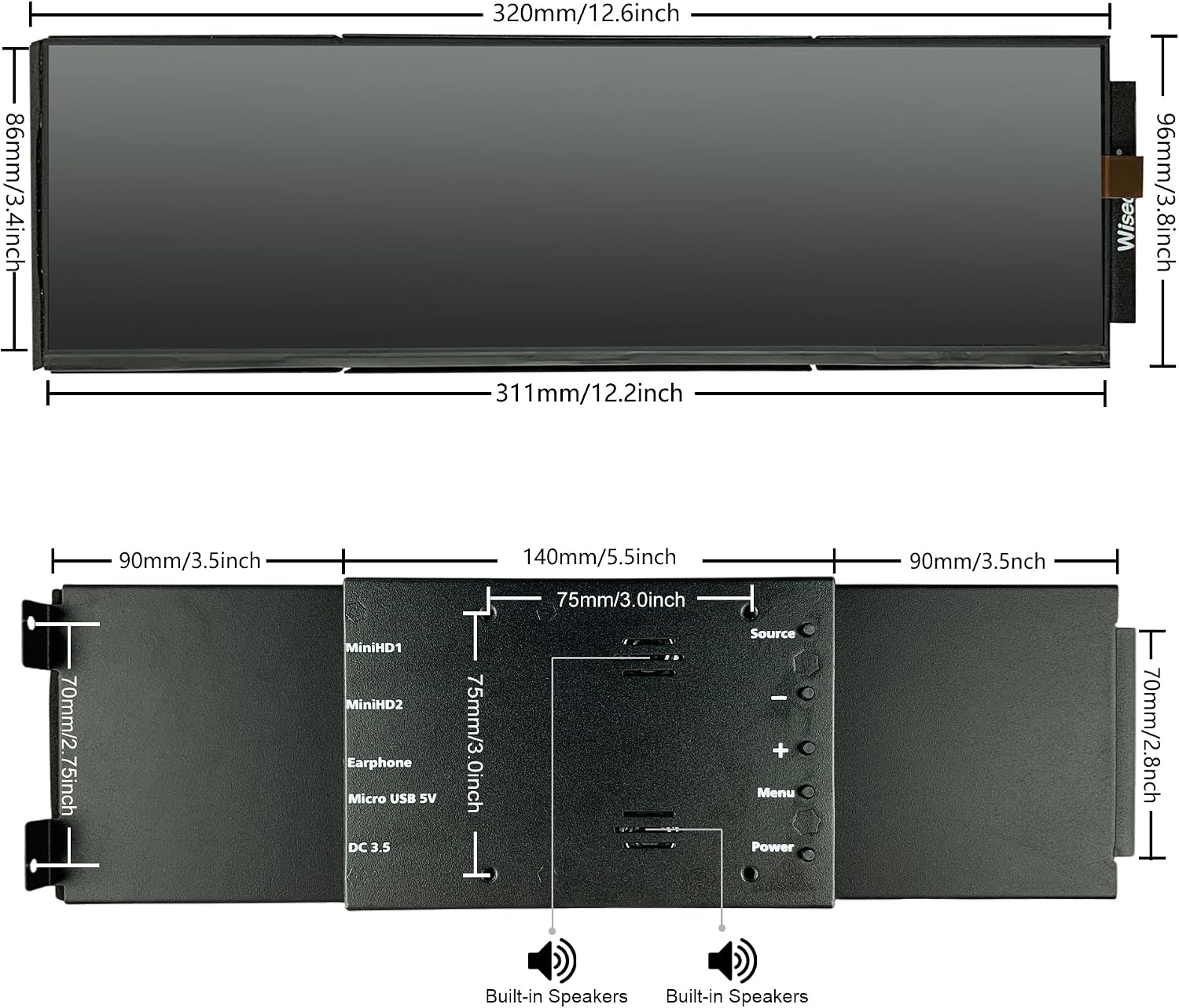 wisecoco 12.6 Inch Bar LCD Screen HDMI Display Monitor 1920x515 IPS DIY Kits Dual Built-in Speakers for Hyte Y60 Computer Gaming PC Case CPU GPU Secondary Monitor Easy Install Black