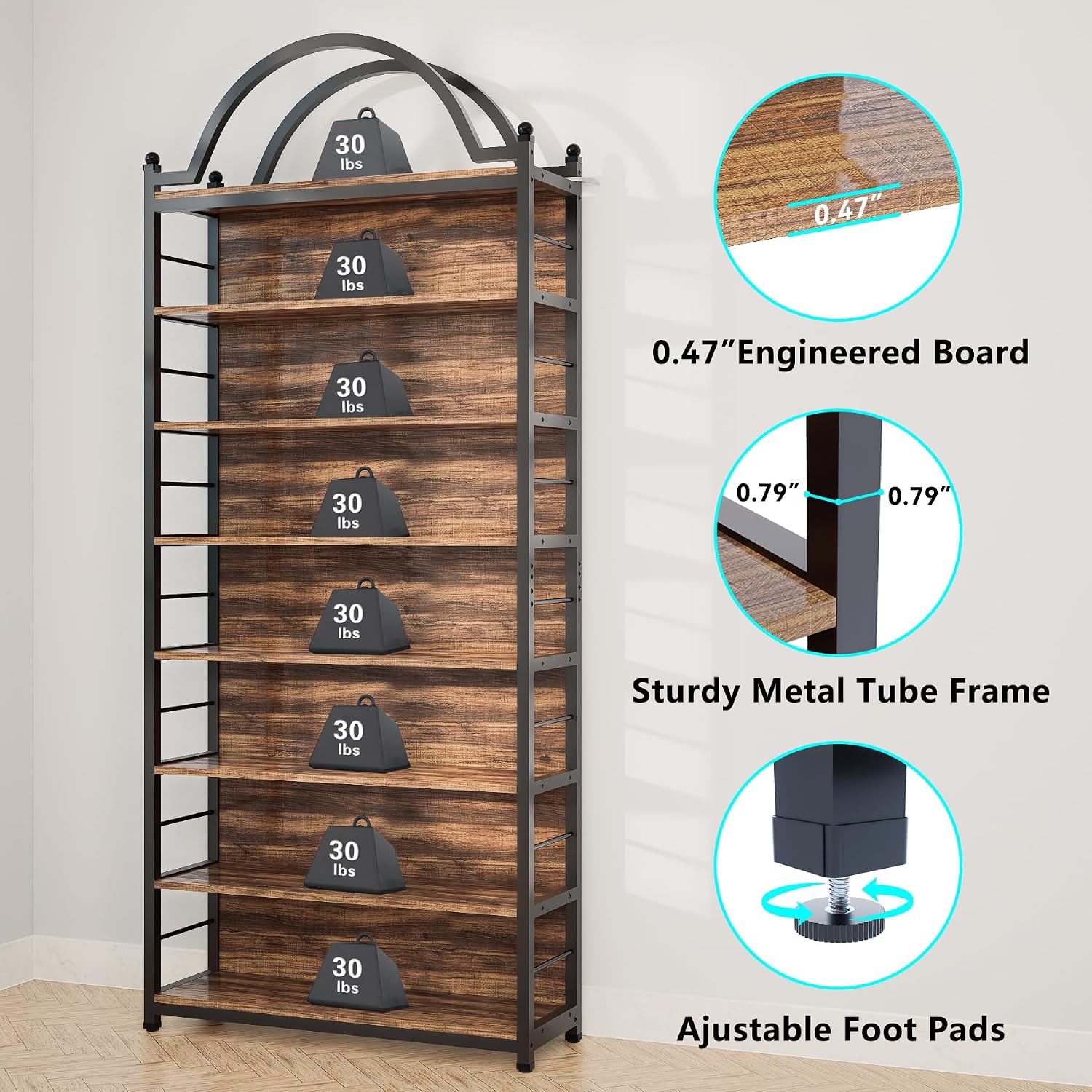 8-Tier CD Storage Racks,CDs DVDs Game Video Media Organizer Cabinet with 7 Shelves,78.7' Arched-Top Industrial Tall Bookshelf Display Bookcase Brown Black