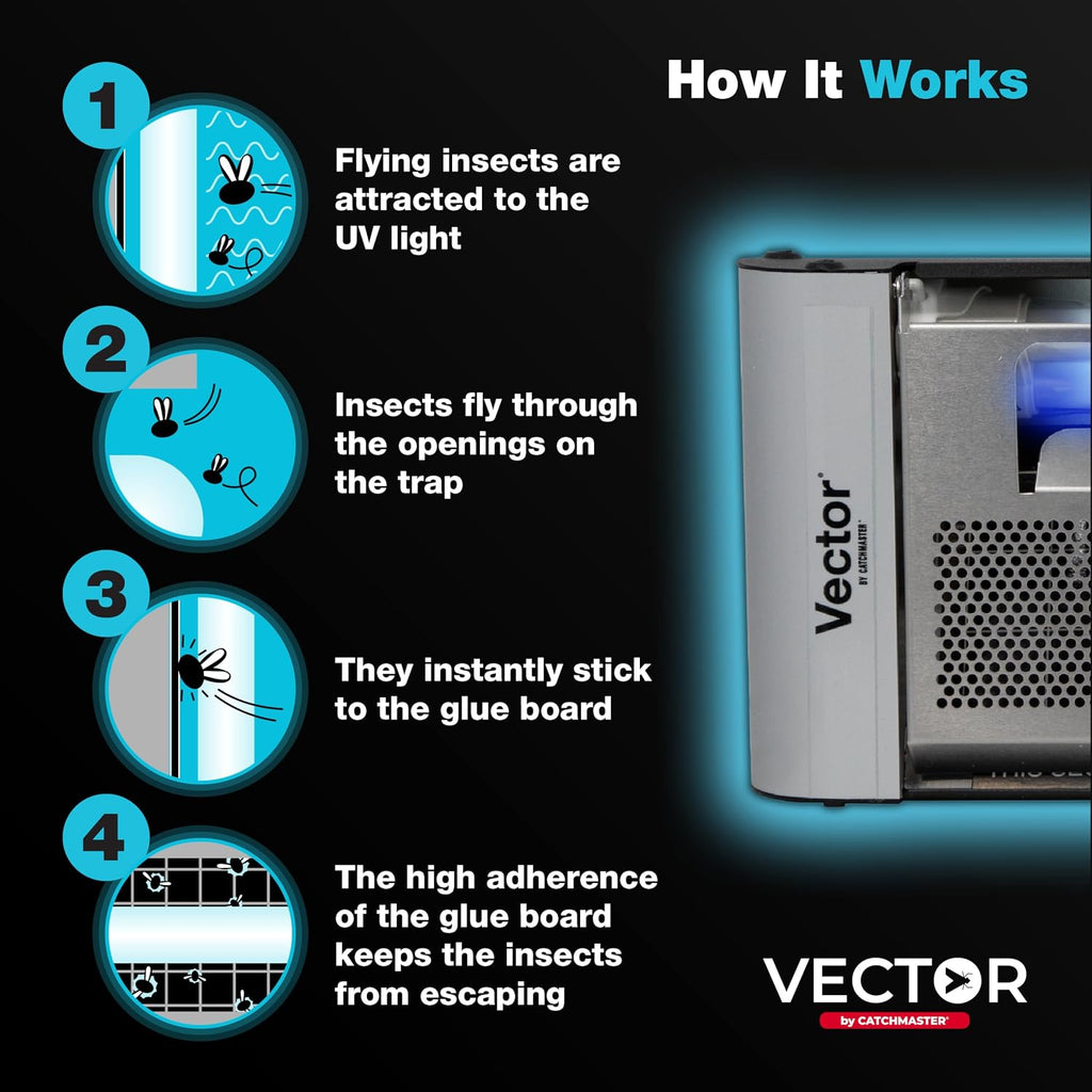Catchmaster Vector Plasma One Silver, Compact UV Light Fly Traps for Home, Gnat Traps for House Indoor, Shatterproof Bulbs, UV Lamp Silent Bug Light for Deli, Bars, Kitchen & Trash Rooms