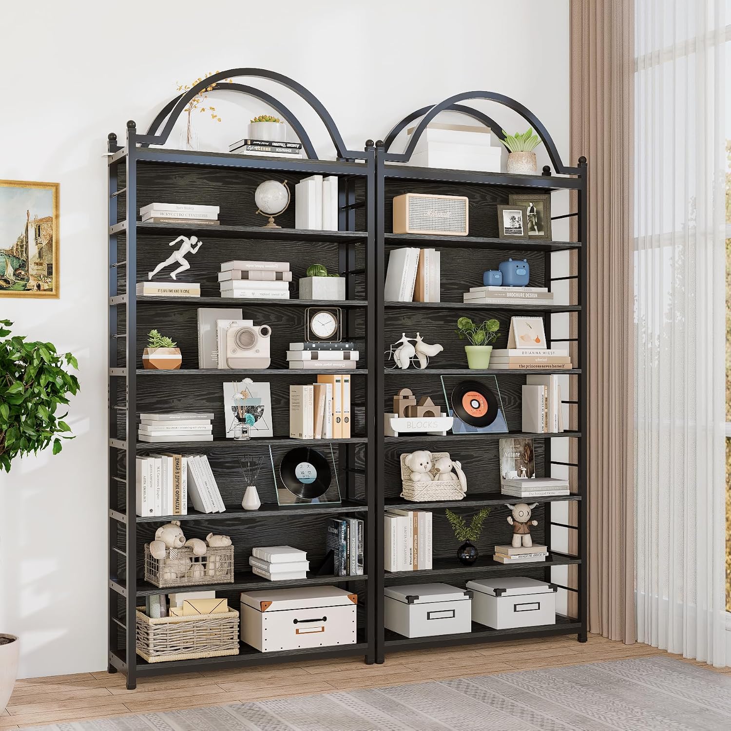 78.7' 8-Tier Industrial CD Rack,DVD Media Storage Shelf,Metal Frame&MDF Bookshelves with Arched Top for Living Room, Bedroom or Home Office,Black