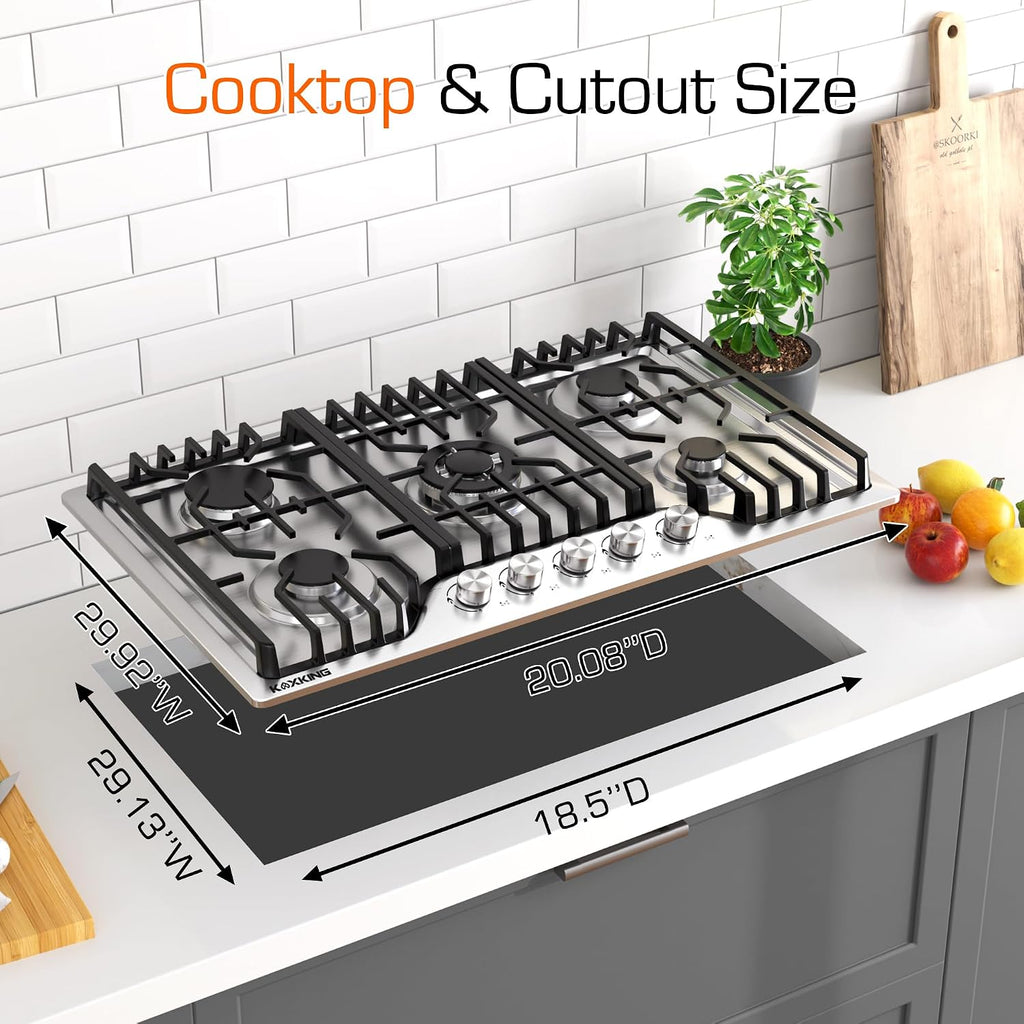30 Inch Gas Cooktop, 5 Burner Dual Fuel Built-in Stove Top, Stainless Steel Propane/Natural Gas Cooktop with Thermocouple Protection, NG/LPG Convertible for Safe & Efficient Cooking