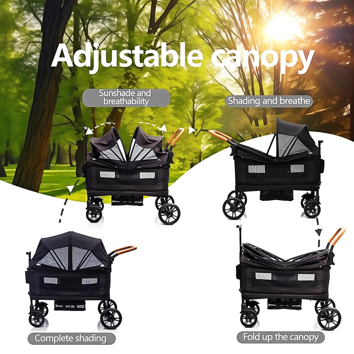 Luxury Wagon Stroller for 2 Kids & Cargo-Lightweight Foldable Travel Push Pull All-Terrain Double Wagon for Newborn&Toddler with 5-Point Harness,Adjustable Handle, Canopy,Tray Table,Cup Holder
