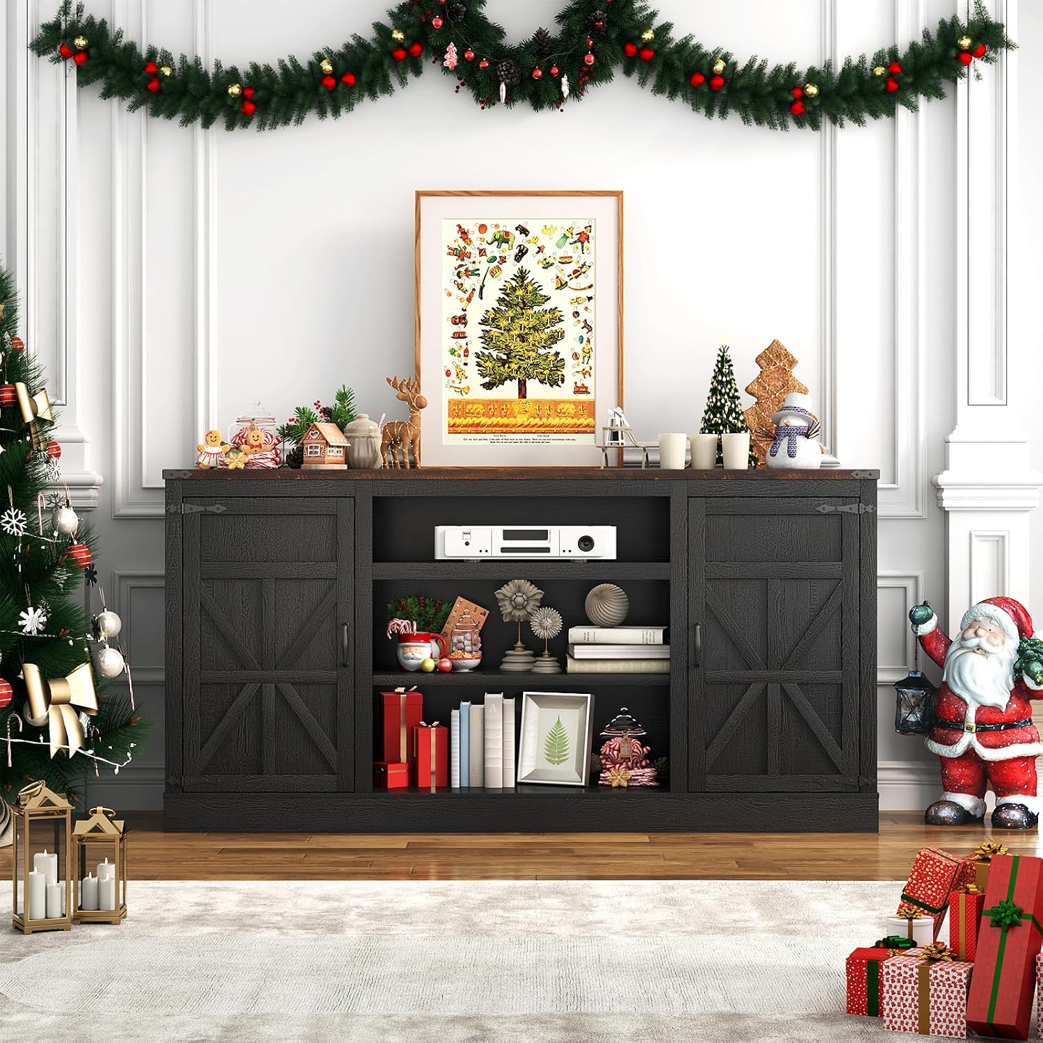 Hlivelood 66' Farmhouse TV Stand with Power Outlets for 75 Inch TVs, 33' Tall Entertainment Center with Storage Cabinets w/Adjustable Shelves, Rustic Large TV Media Console for Living Room, Black