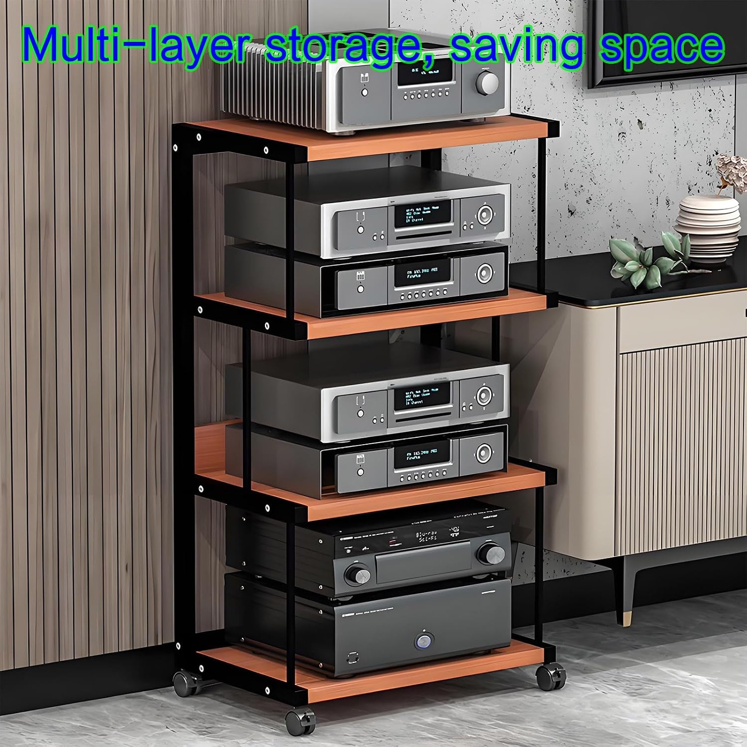 Black Wooden AV Cabinet - Audio-Video Media Stand & Stereo Rack, Movable Storage Tower for Home Theater, 50x40x100 cm, Stylish Audio Rack for Organizing Media Equipment