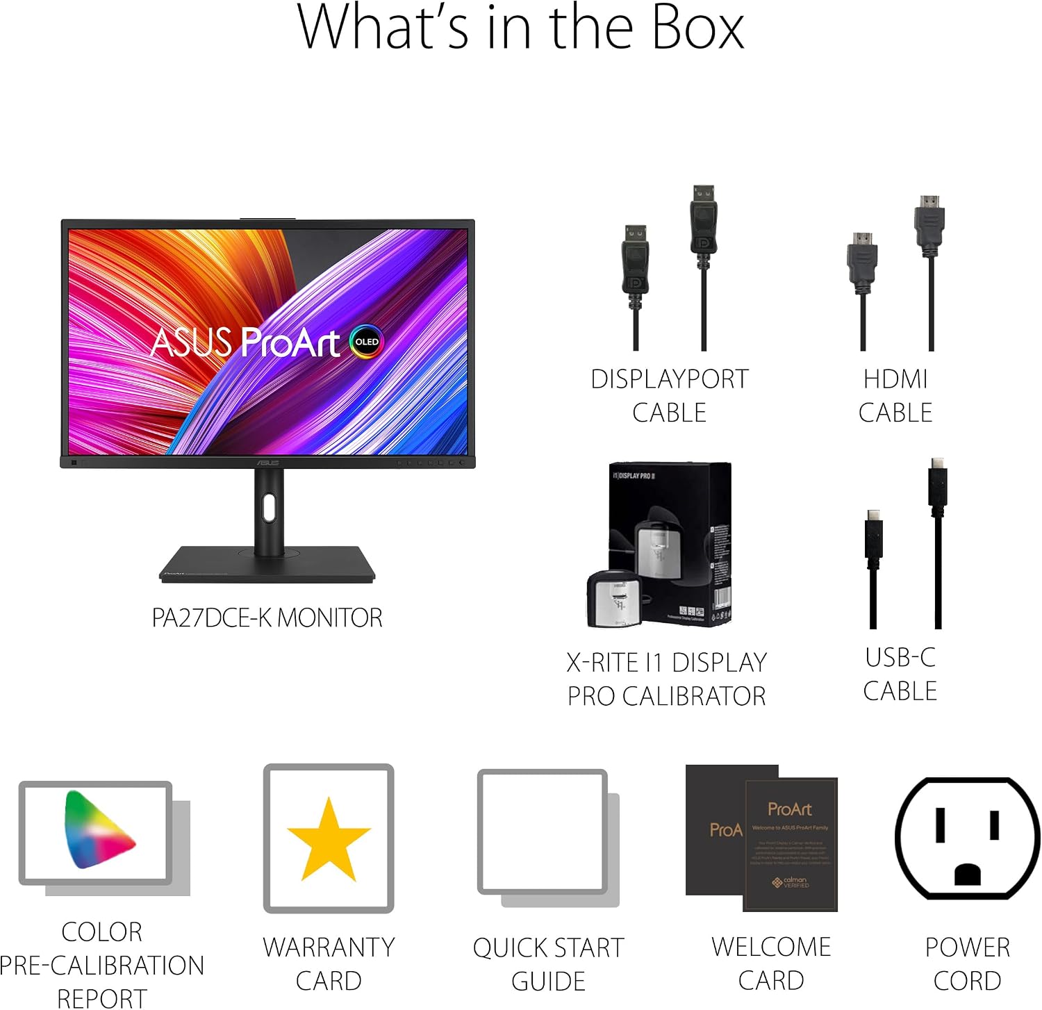 ASUS ProArt Display 27'4K HDR RGB OLED Professional Monitor (PA27DCE-K) - UHD (3840 x 2160), 99% DCI-P3, HLG, ΔE < 1, USB-C PD 80W, Hardware Calibration, Calman Ready, X-rite i1 Display Pro Calibrator