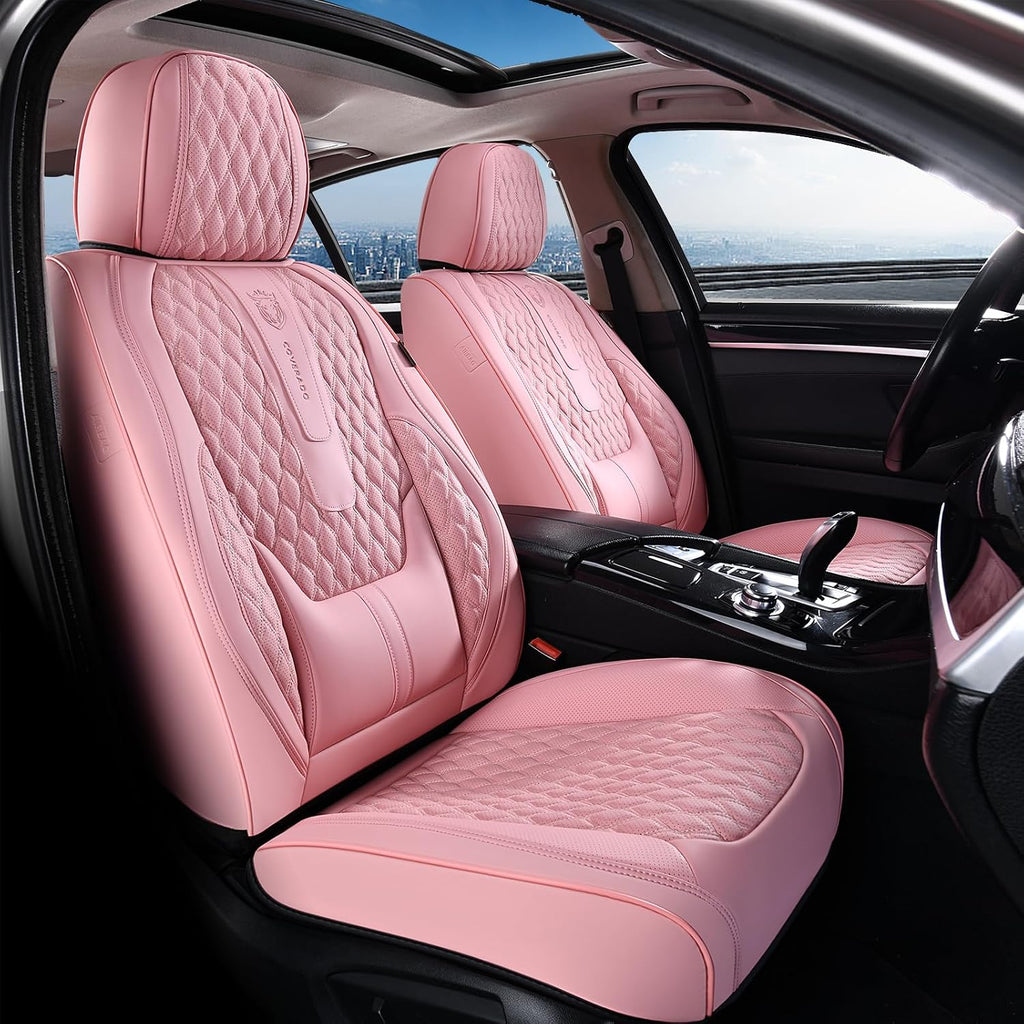 Coverado Seat Covers Full Set, Pink Car Seat Covers, Waterproof Car Seat Cover with Lumbar Support, Leather Car Seat Cushion Protector, Car Seat Covers Universal Fit Most Cars