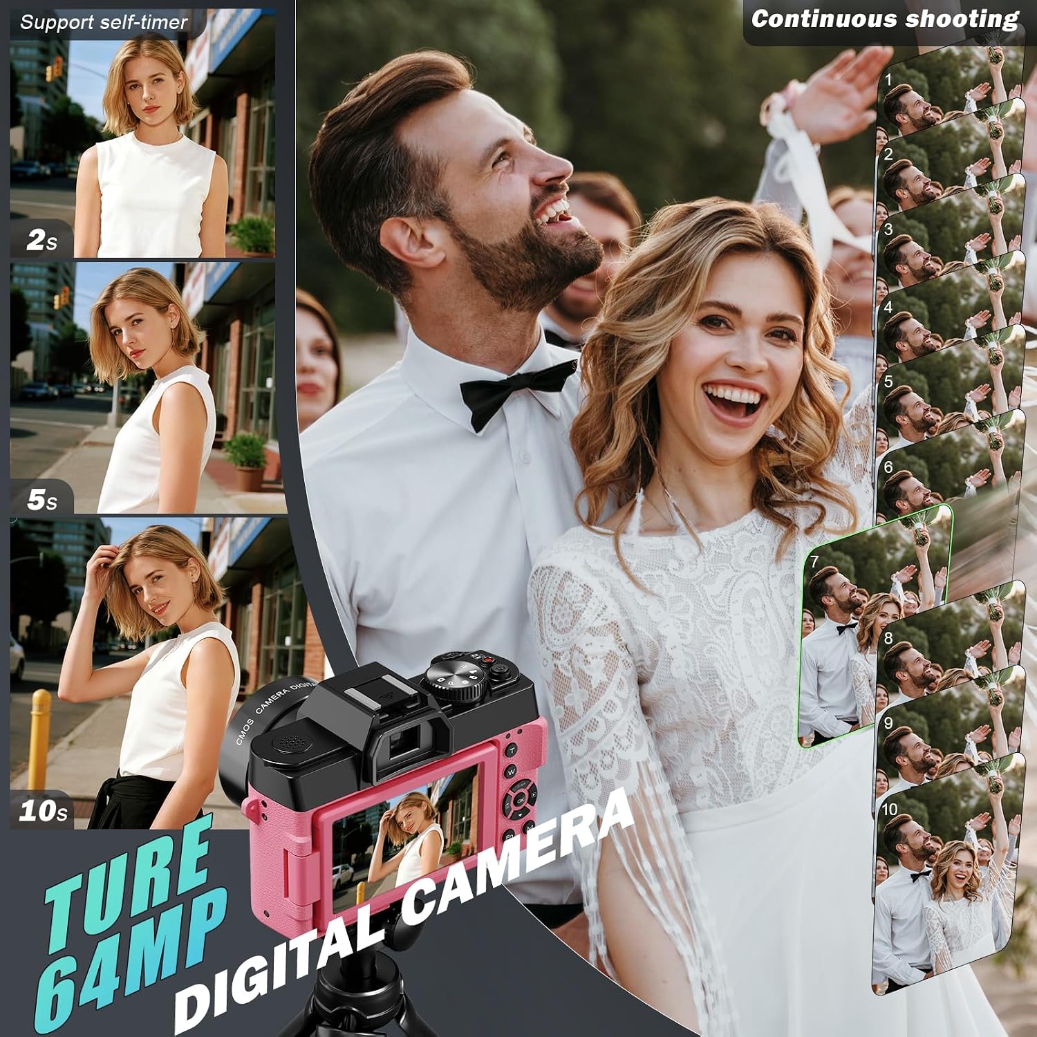 8K Digital Cameras for Photography 64MP - 16X Zoom Autofocus, WiFi, 180° Flip Screen with Wide-Angle & Macro Lens, Vlogging Camera for YouTube Travel with 64GB TF Card, 2 Batteries & Mic (Pink)