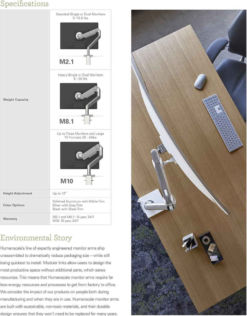 Humanscale M10 Adjustable Heavy Duty Monitor Arm with Angled/Dynamic Links - Two Piece Clamp Mount - Polished Aluminum M10CMWBTB