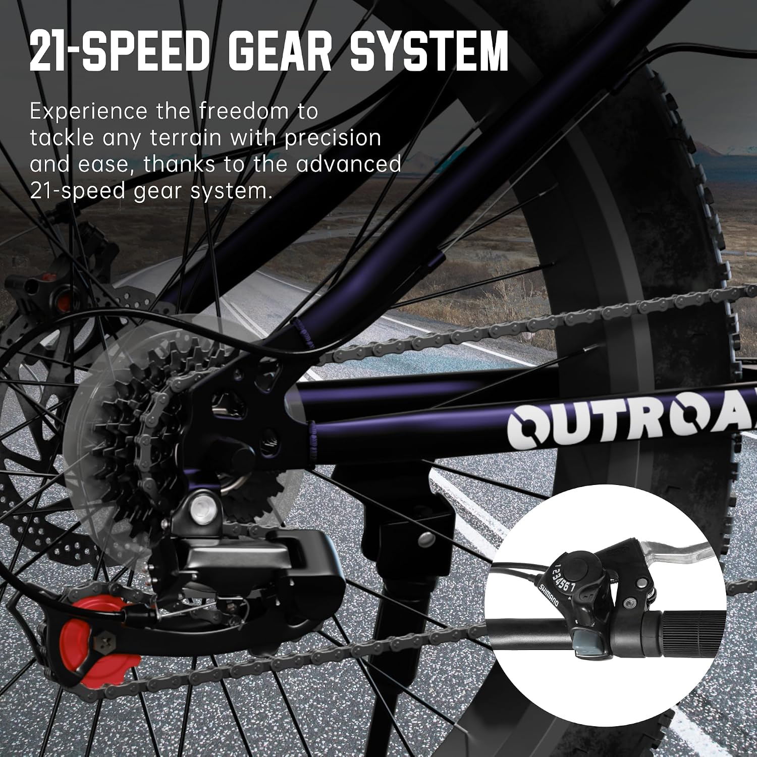 26' Fat Tire Mountain Bike with 4 inch Knobby Tires, 21 Speed MTB with Dual Disc Brake for Adults, Anti-Slip Bicycle, Black, White, Blue&Purple