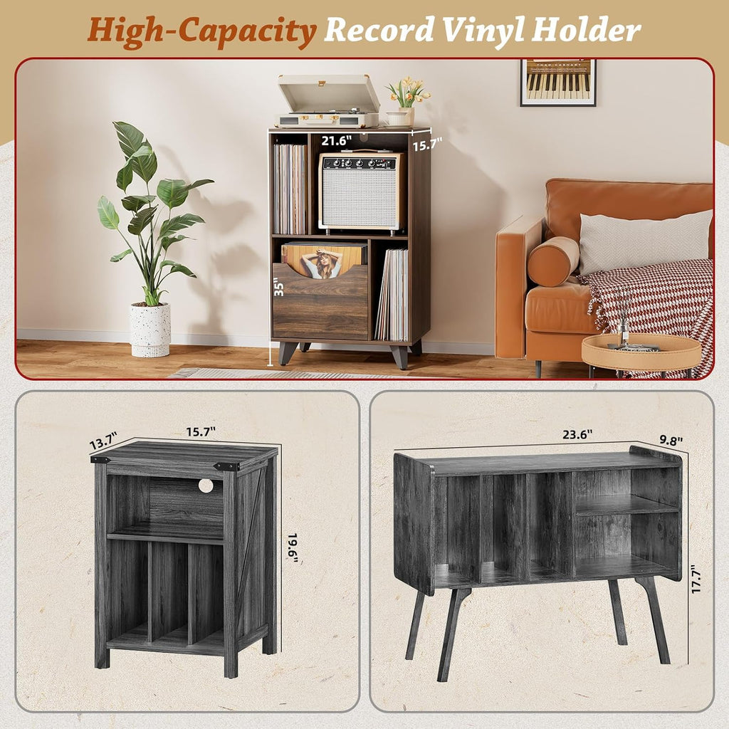 Bikoney Mid-century Modern Record Player Stand with Vinyl Storage Drawer – Wooden Turntable Side Table for All Record Players and Speakers, Large LP Storage Cabinet for Living Room, Bedroom, or Office