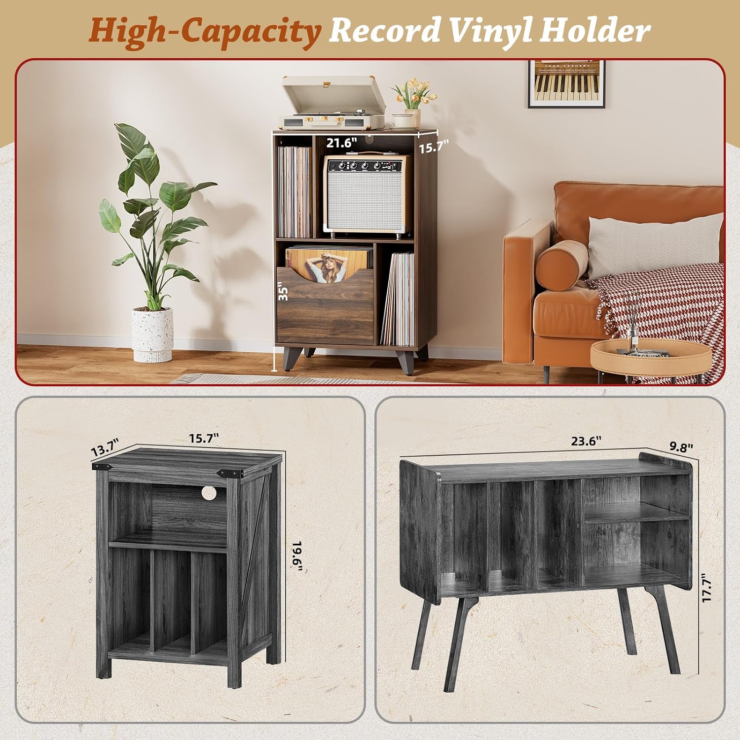 Bikoney Mid-century Modern Record Player Stand with Vinyl Storage Drawer – Wooden Turntable Side Table for All Record Players and Speakers, Large LP Storage Cabinet for Living Room, Bedroom, or Office