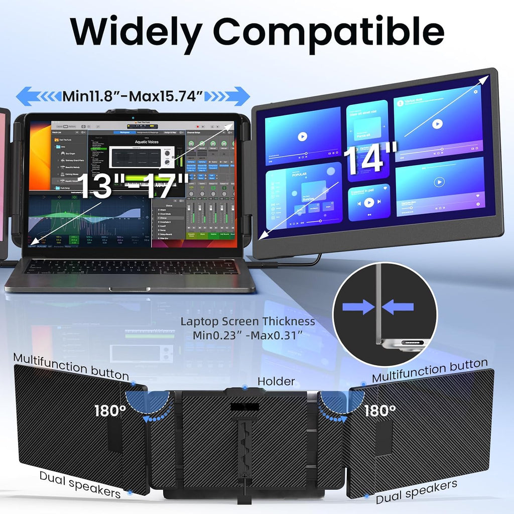 BOSII Laptop Screen Extender Monitor - 14 Inch Triple IPS FHD 1080P HDMI/USB-A/Type-C Extended Portable Monitor for Laptops (Maximum Length: 15.74') Compatible with Windows Mac Travel Work