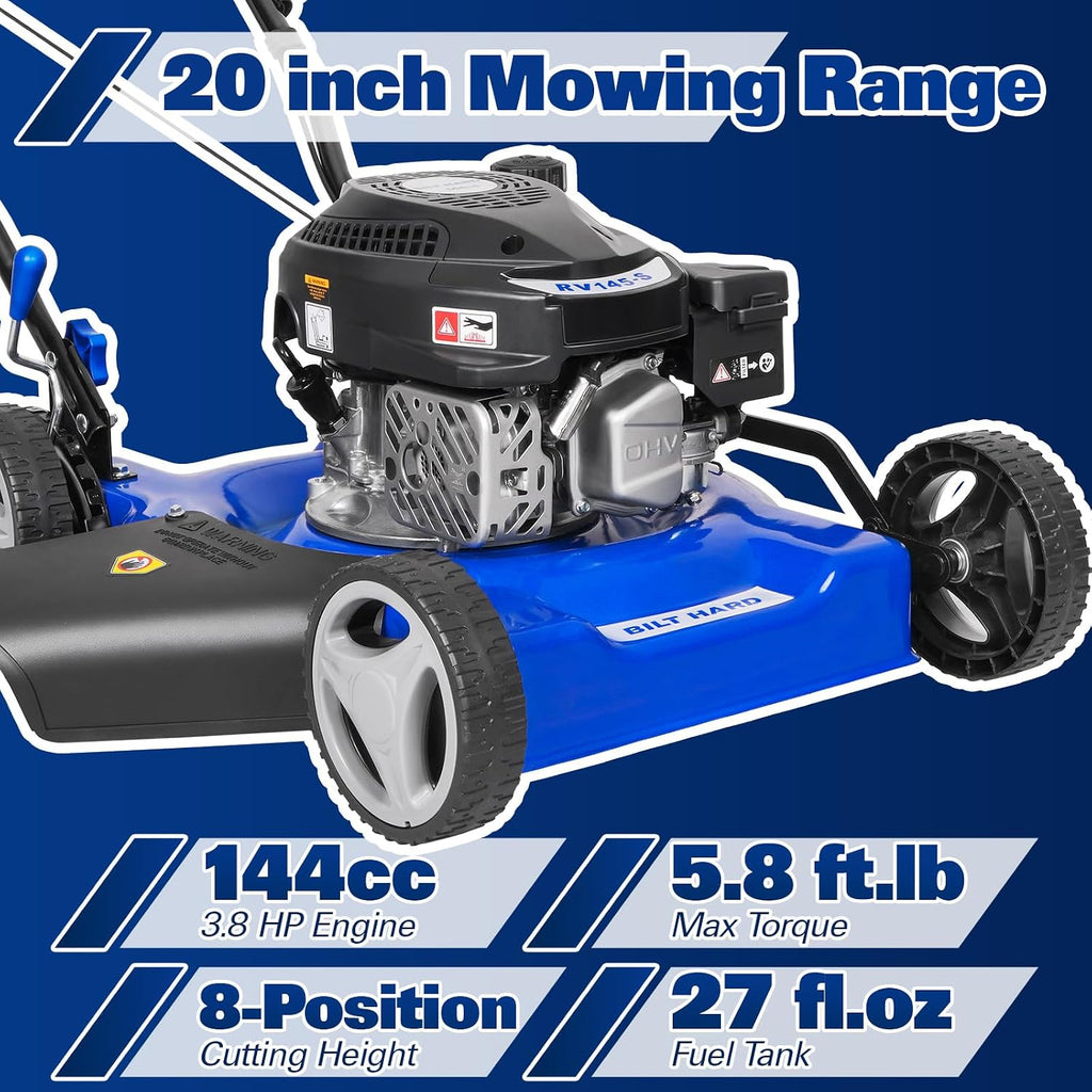 BILT HARD 20'' Push Gas Lawn Mower, 144cc 4-Cycle OHV Engine Walk Behind Lawnmower, Side Discharge with 8-Position Adjustable Cutting Heights for Lawn, Yard and Garden