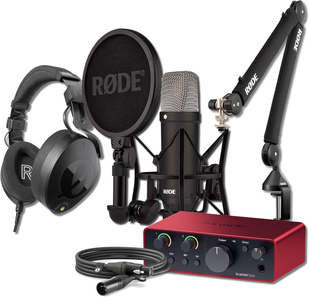 Rode NT1 Signature Black Cardioid Condenser Microphone Bundle with Focusrite Scarlett Solo 4G, NTH-100 Headphones, and PSA1+ — 4 dBA XLR Studio Mic for Singing, Vocal Recording, Voice Over