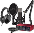 Rode NT1 Signature Black Cardioid Condenser Microphone Bundle with Focusrite Scarlett Solo 4G, NTH-100 Headphones, and PSA1+ — 4 dBA XLR Studio Mic for Singing, Vocal Recording, Voice Over