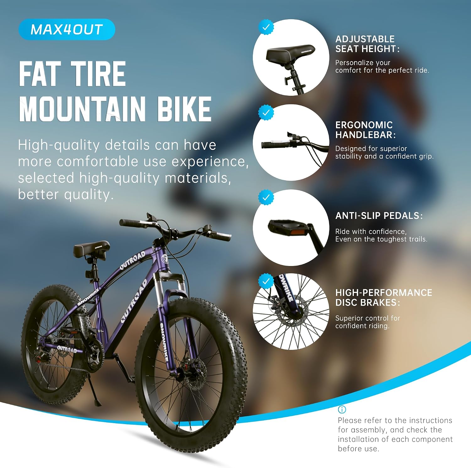 26' Fat Tire Mountain Bike with 4 inch Knobby Tires, 21 Speed MTB with Dual Disc Brake for Adults, Anti-Slip Bicycle, Black, White, Blue&Purple