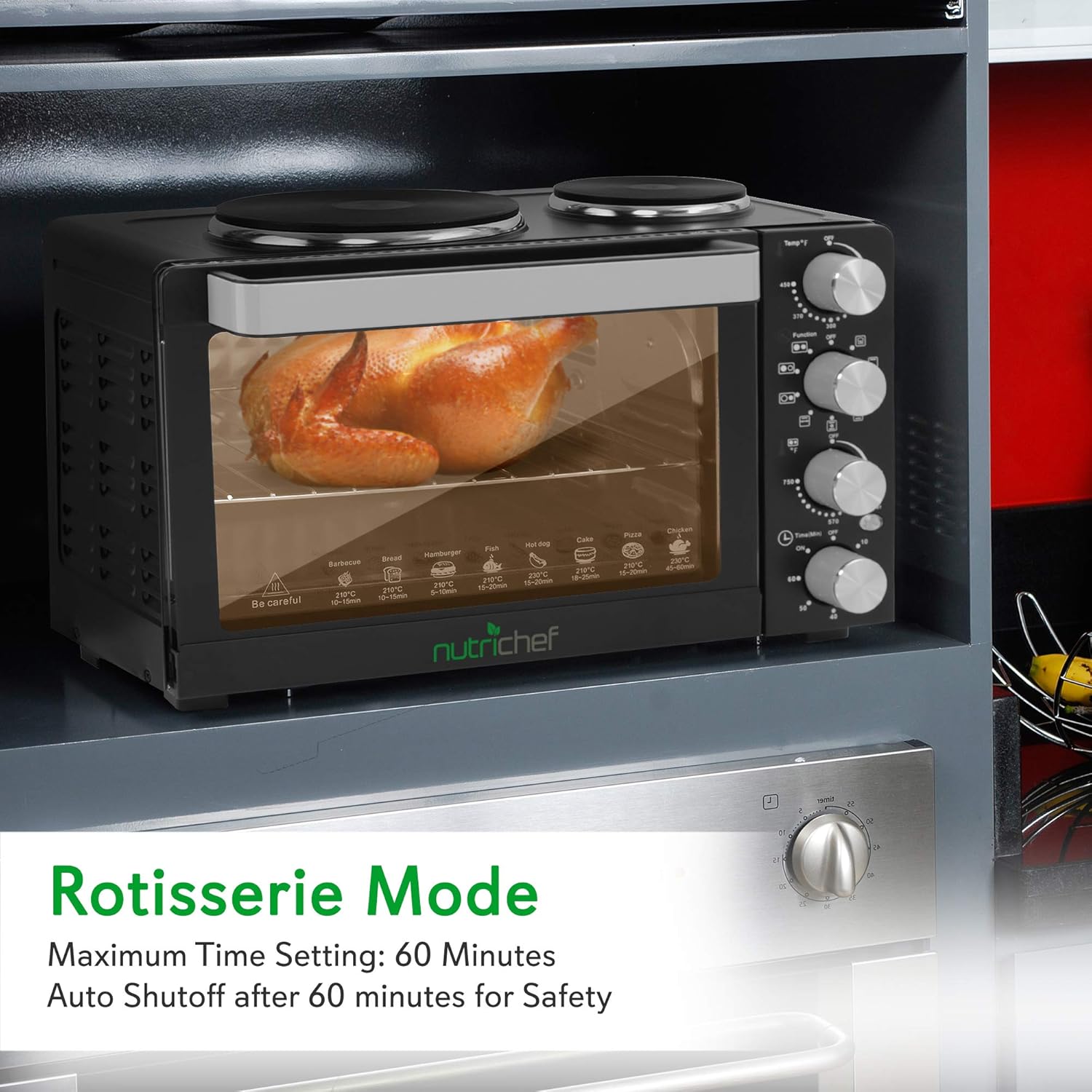 NutriChef Kitchen Convection Electric Countertop Rotisserie Toaster Oven Cooker with Food Warming Hot Plates, 30+ Quart (AZPKRTO28)