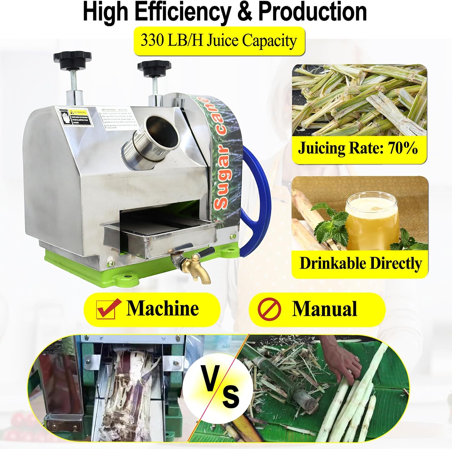 TECHTONGDA Efficient Manual Sugar Cane Juicer Machine, 330LB/H Output Sugar Cane Juicer Press, 2.4' Large Inlet Sugarcane Press Extractor with 2 Peeling Knives, Ideal for Homes, Shops, Restaurants