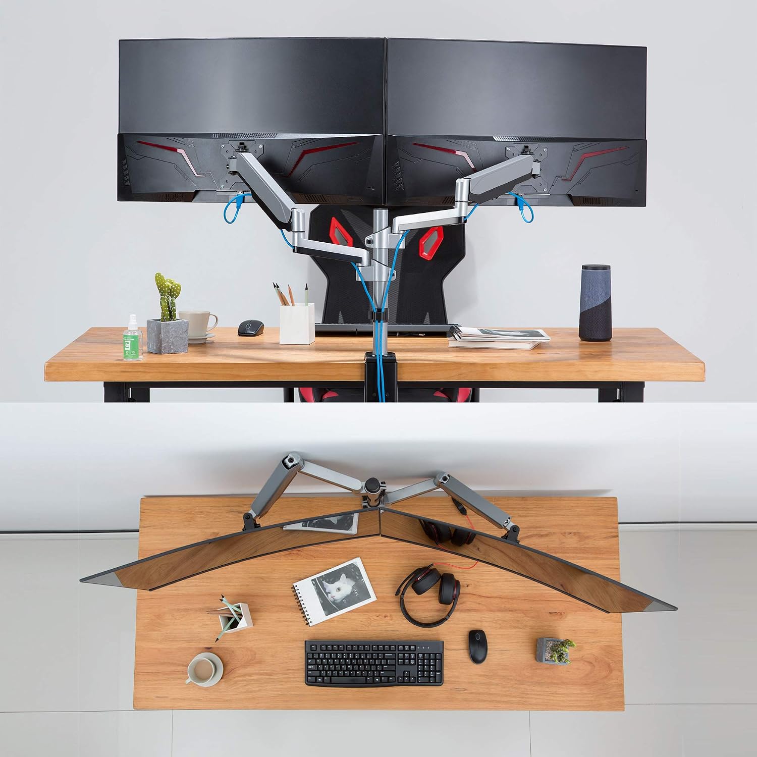 AVLT Dual 13 to 27 in Stacked Monitor Arm Desk Mount, Fits Two Flat or Curved Screens, Full Motion Height Adjustable Swivel Tilt Rotation, VESA C-Clamp Grommet Cable Management